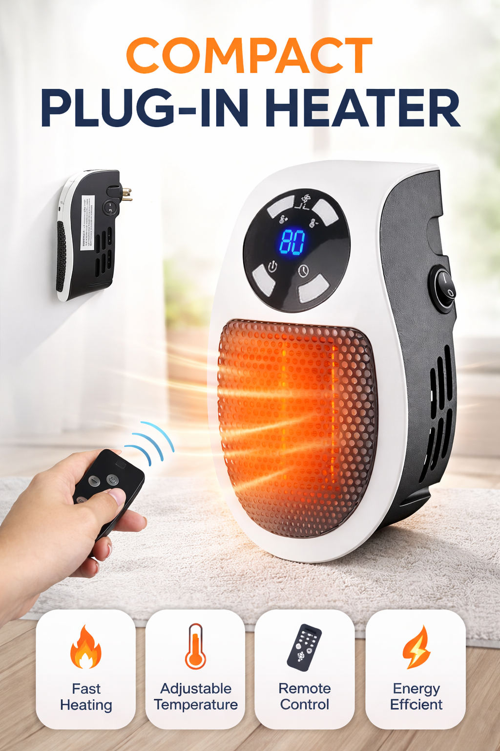 Portable Plug in Heater, 500W Electric Small Space Heater Indoor with Overheat Protection, Adjustable Electronic Thermostat, Precise LED Display Plug in Space Heaters for Bedroom